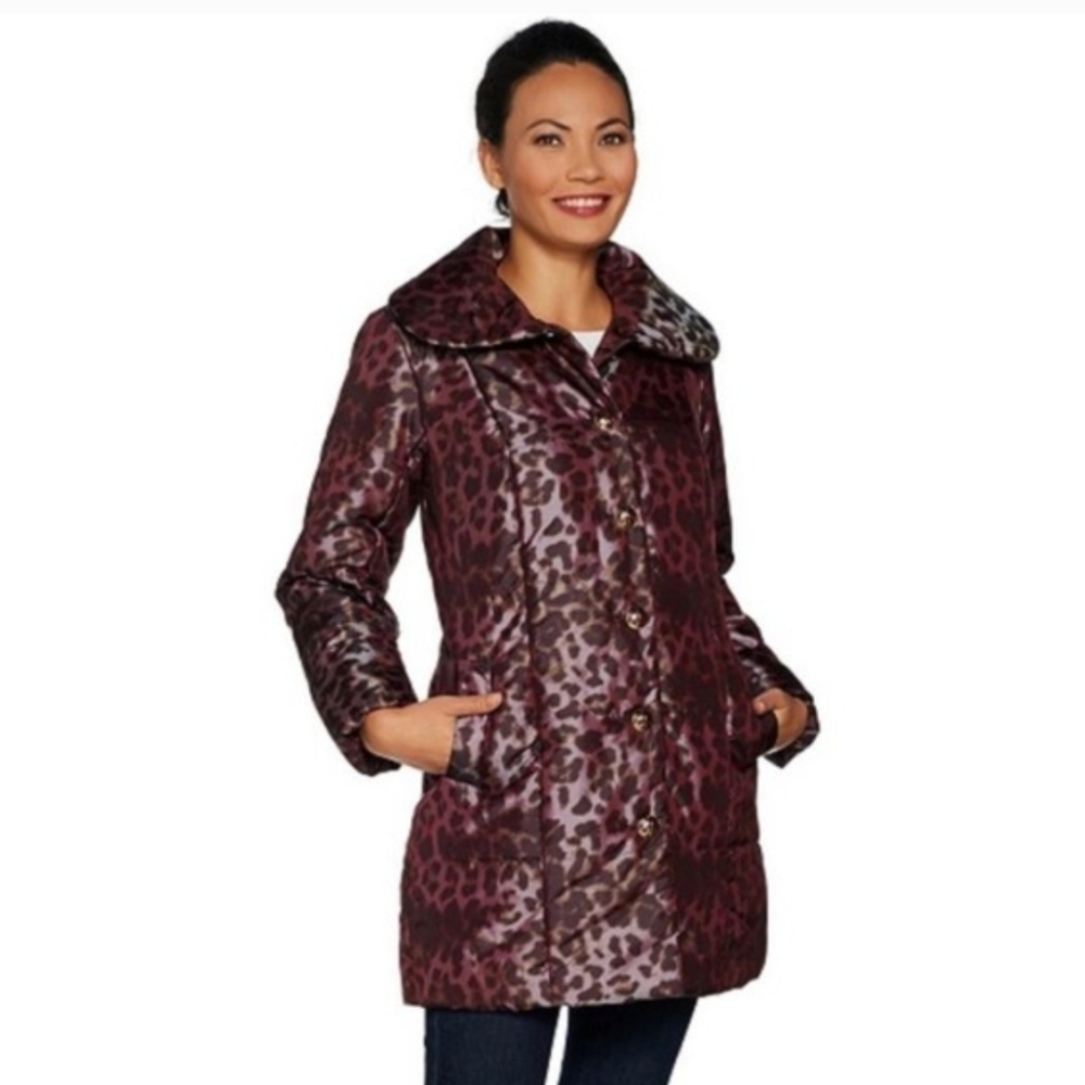 Dennis By Dennis Basso Coat Women's 1X Purple Leopard Print Snap Puffer Printed